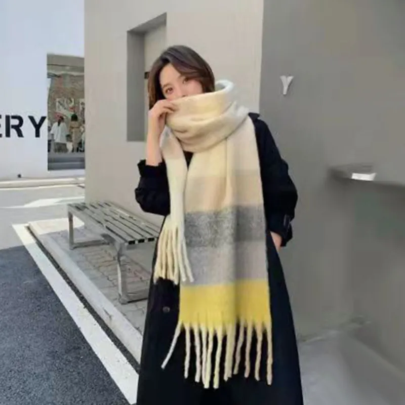 Winter Warm Viscose Plaid Scarf For Unisex Long Gradient Striped Scarf With Tassels Soft Autumn Winter Neck Warmer Shawl