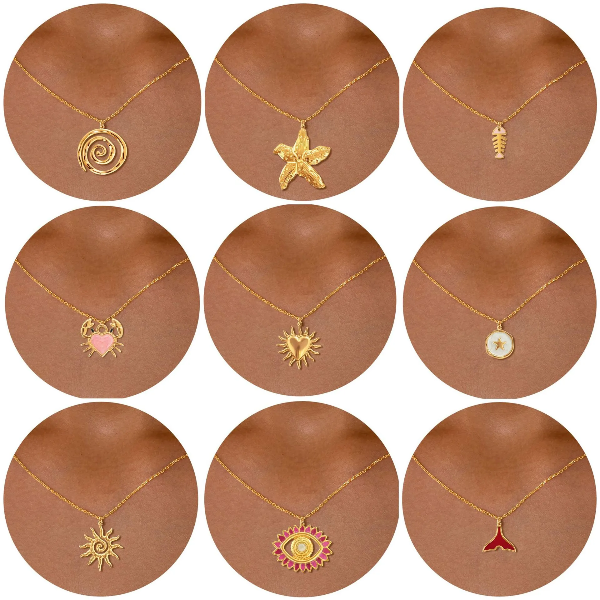 Stainless Steel Necklace With Copper Animal Pendant Starfish Crab Evil Eye Shell Marine Style Jewelry For Women
