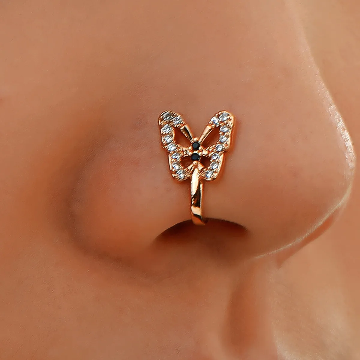 Butterfly Fake Nose Ring Copper Rhinestone Non Piercing U Shaped Clip On Nose Stud Jewelry For Women