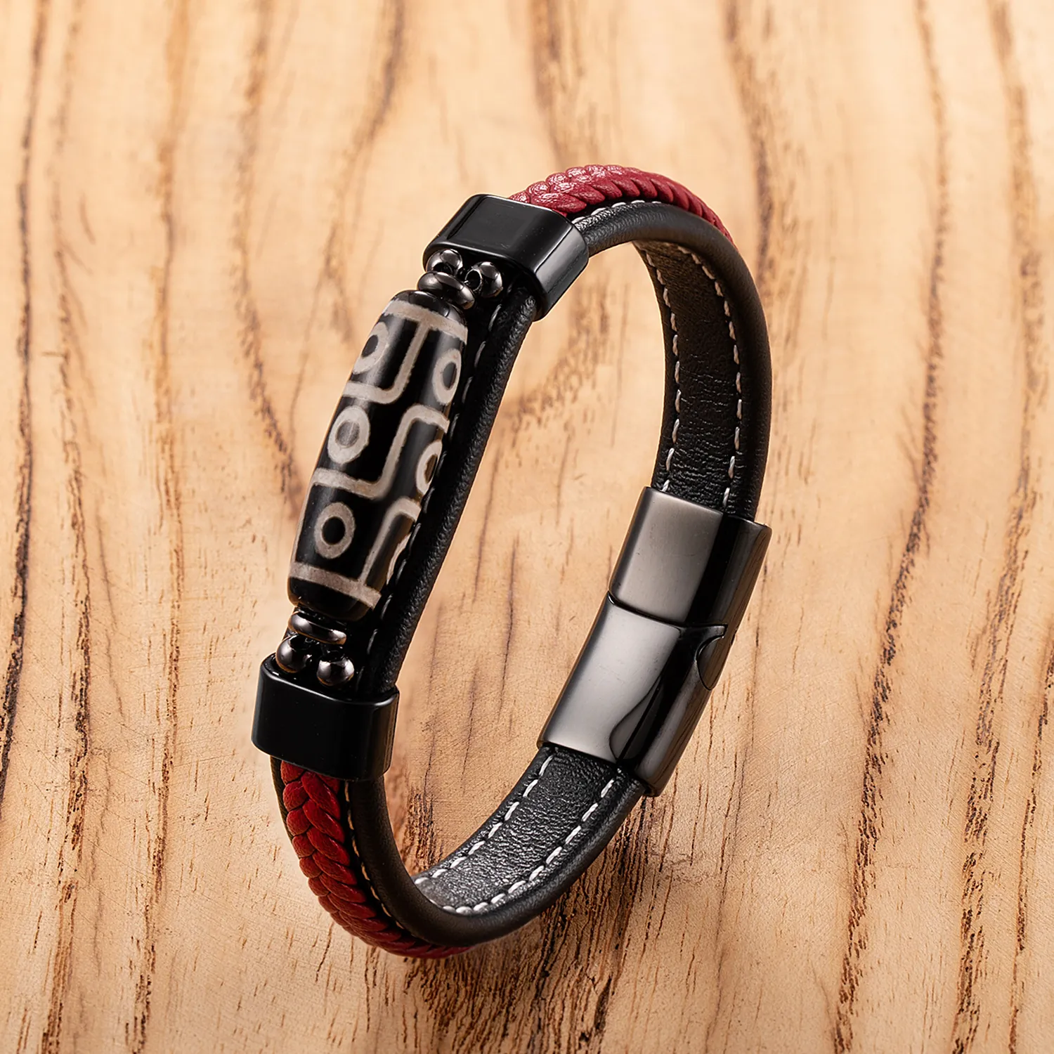Dzi Bead Bracelet Stainless Steel Magnetic Buckle Double Layer Woven Leather Ethnic Tribal Style For Men Unisex