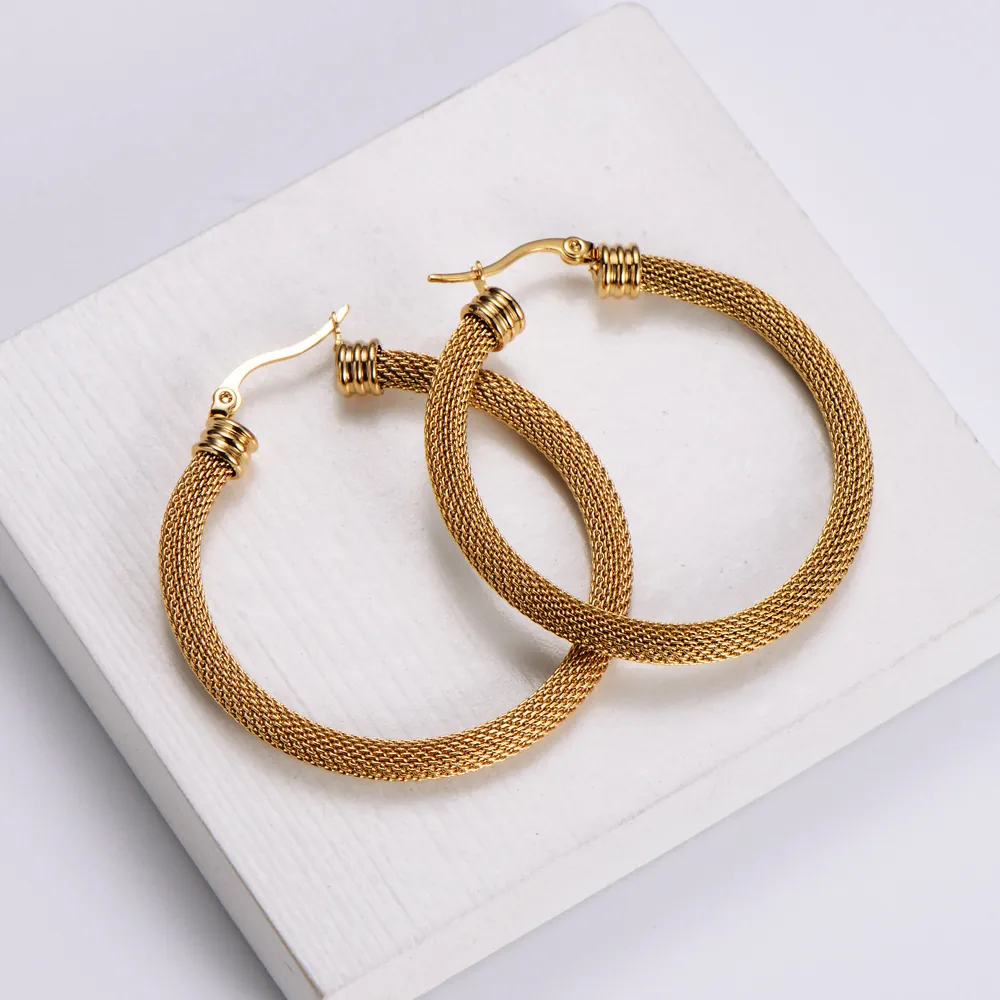 Orecchini A Cerchio Con Trama A Rete Placcati Oro 18K Acciaio Inossidabile Geometrici Tondi Per Donna