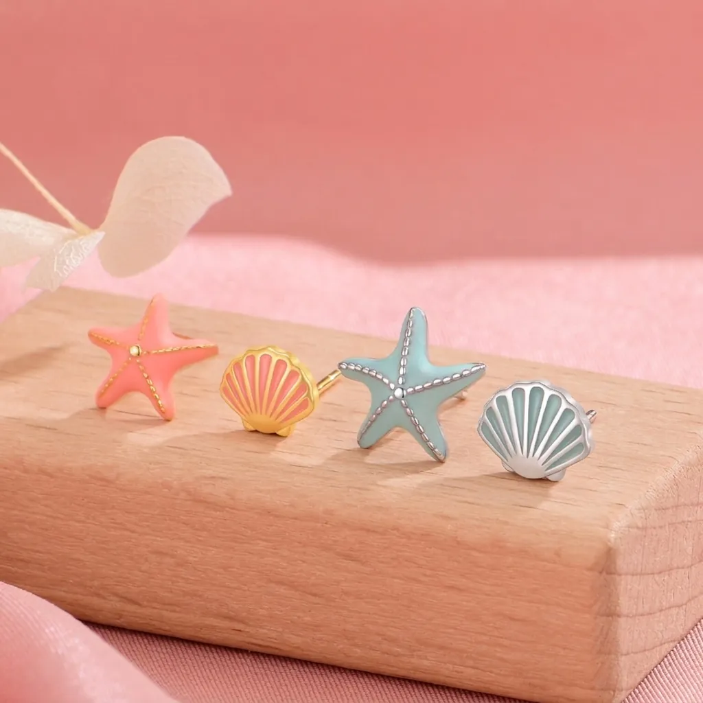 Asymmetric Starfish Shell Stud Earrings With 925 Sterling Silver Earring Post Sweet Ocean Theme Enamel Jewelry For Women