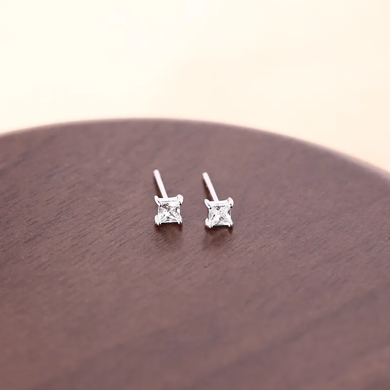 Minimalist Square Rhinestone Stud Earrings For Women Copper Silver Plated Simple Small Geometric Student Ear Jewelry Gift