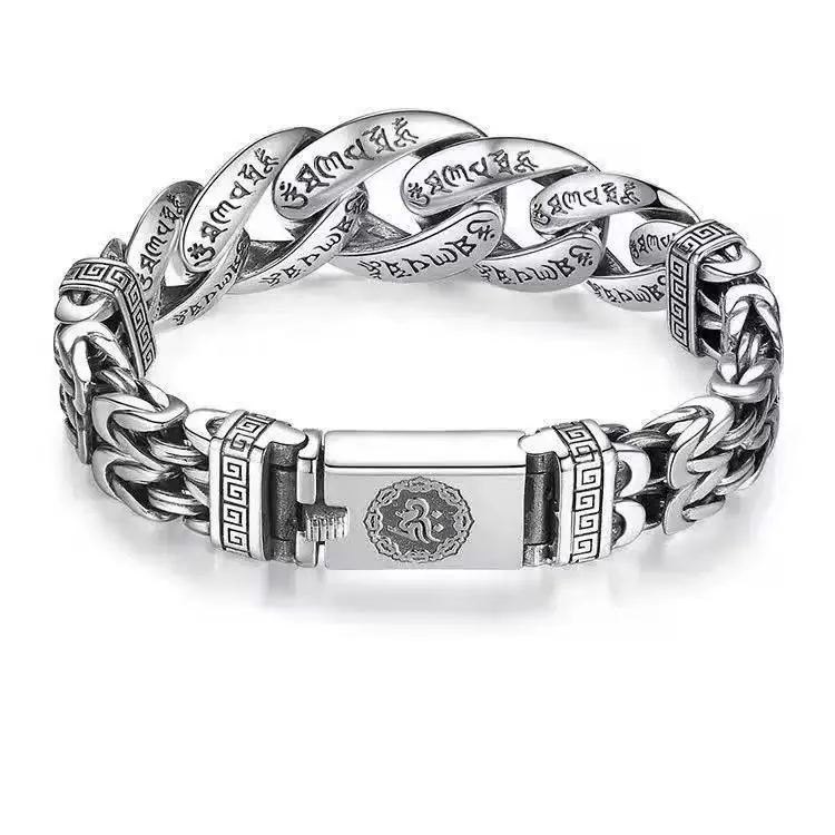 Bracelet Chaîne Cubaine Vintage Argent Sterling 925 Gravé Mantra Six Mots Bijoux Bouddhistes Pour Hommes