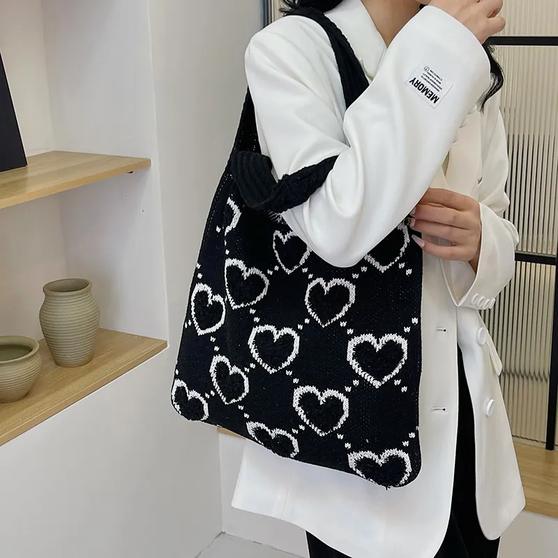 Grand Sac Fourre-Tout En Tricot À Motif De Cœur Pour Femme Sac À Main À Bandoulière Décontracté Pour Le Shopping