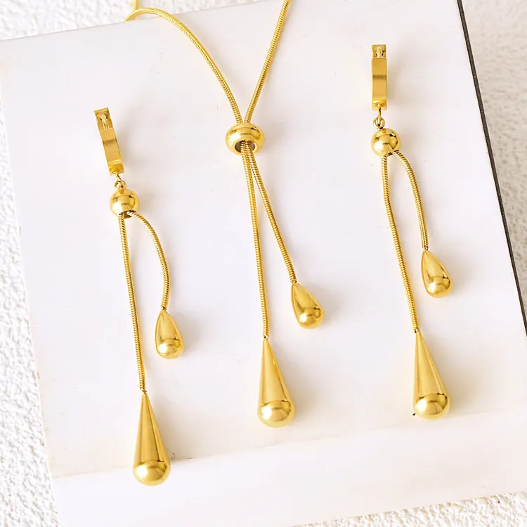Minimalist Teardrop Jewelry For Women Stainless Steel Gold Plated Adjustable Lariat Necklace And Dangle Earrings