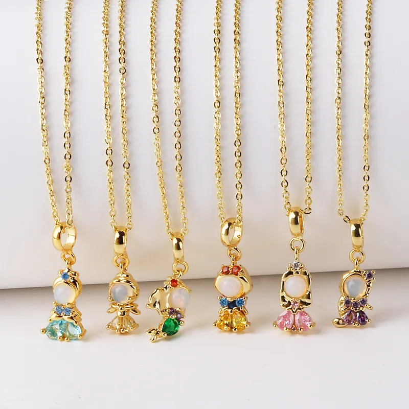 Cartoon Princess Character Pendant Necklace Gold Plated Brass With Zircon Opal Inlay Kawaii Jewelry For Girls Women