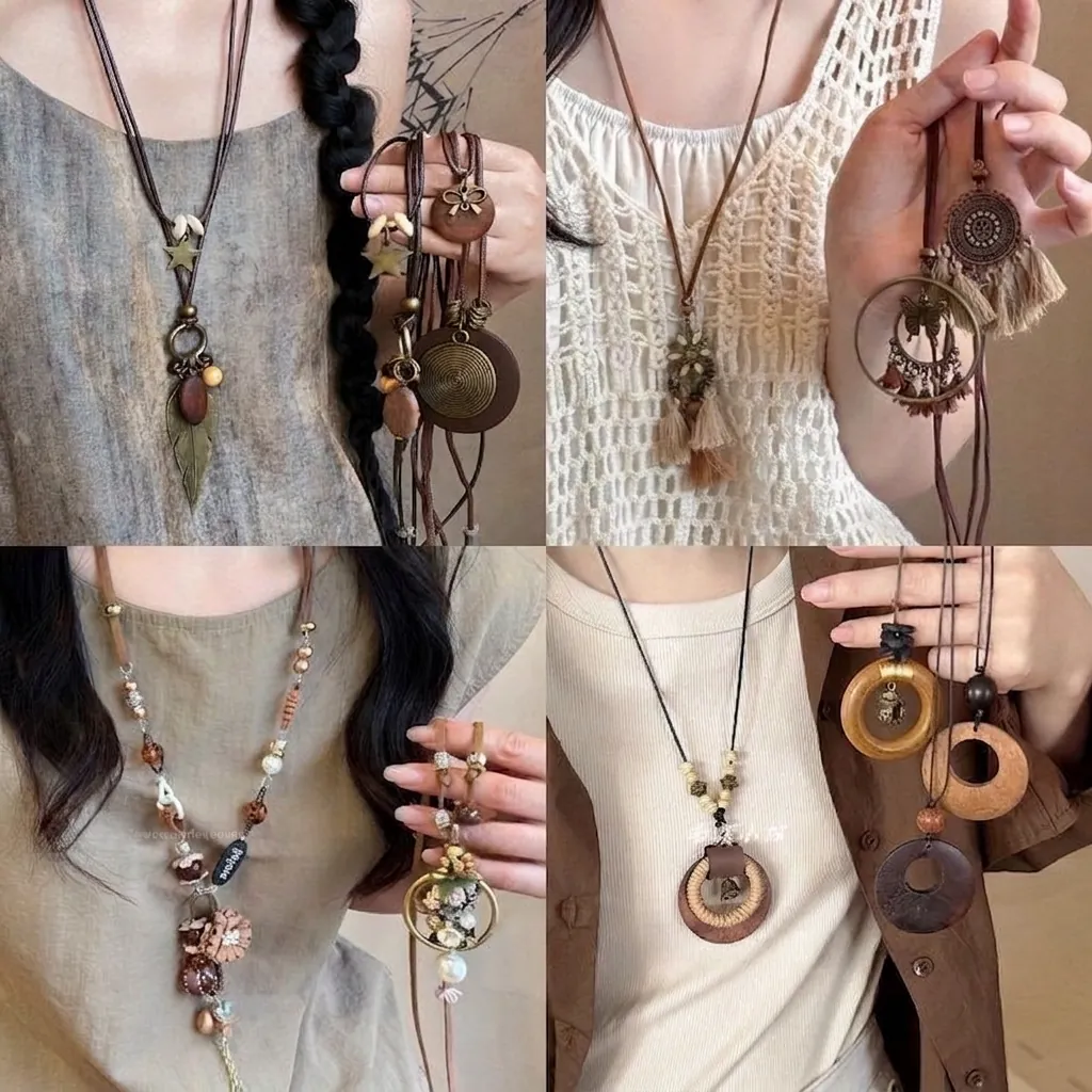 Collier Long Bohême Vintage Pour Femme Perles En Bois Fait Main Alliage Plume Étoile Résine Pendentif Bijoux Ethniques Rétro
