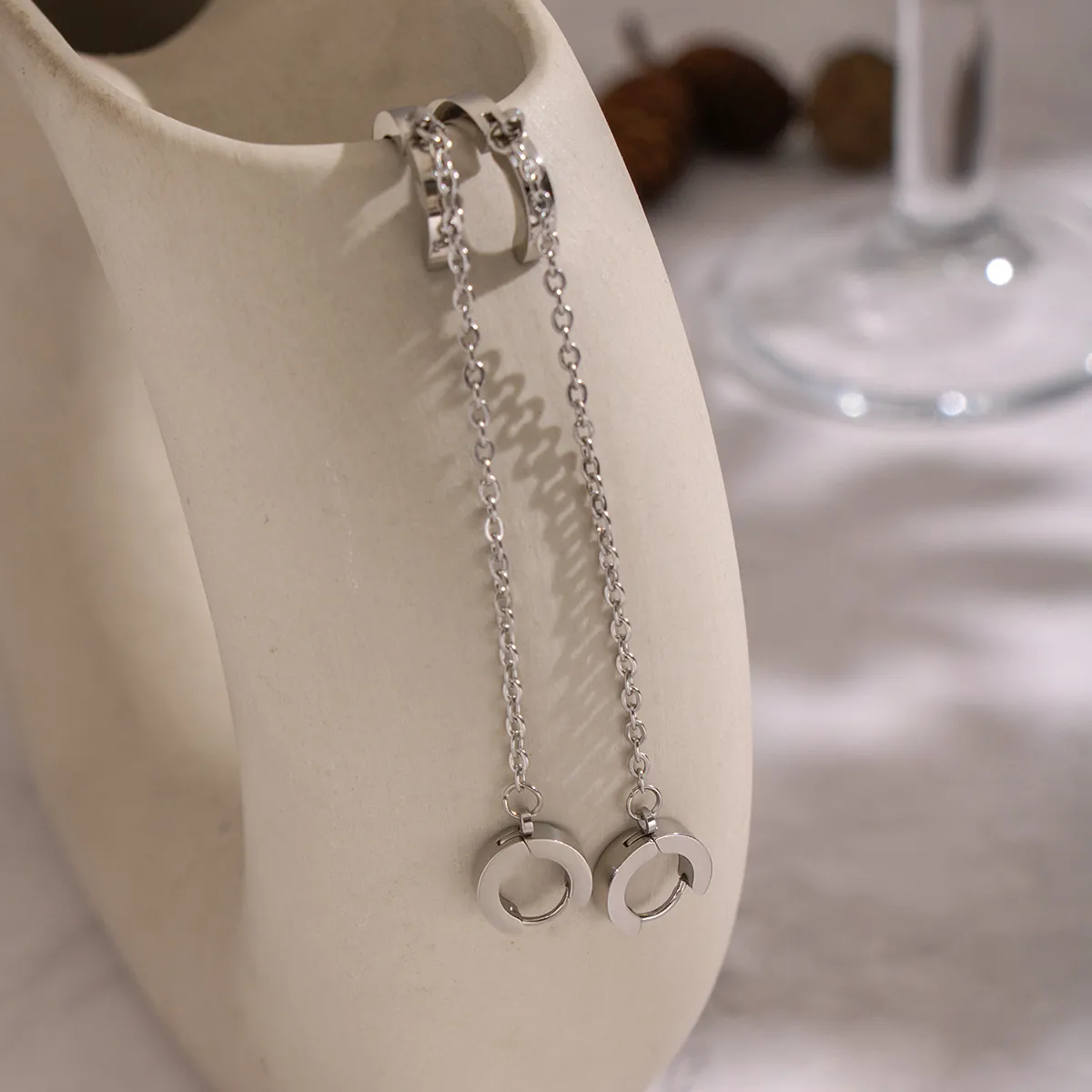 Boucles D'oreilles Créoles Double Piercing En Acier Inoxydable 304 Avec Chaîne Style Punk Rock Géométrique Pour Femmes