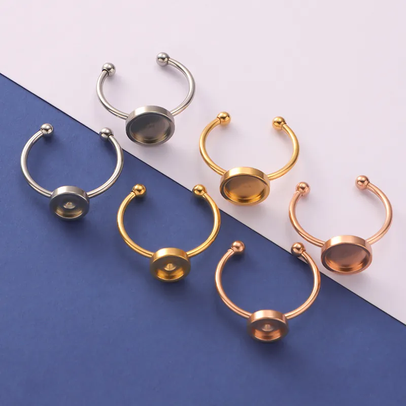Stainless Steel Adjustable Ring Base Bezel Setting Round Tray For DIY Jewelry Making Mirror Polished Findings