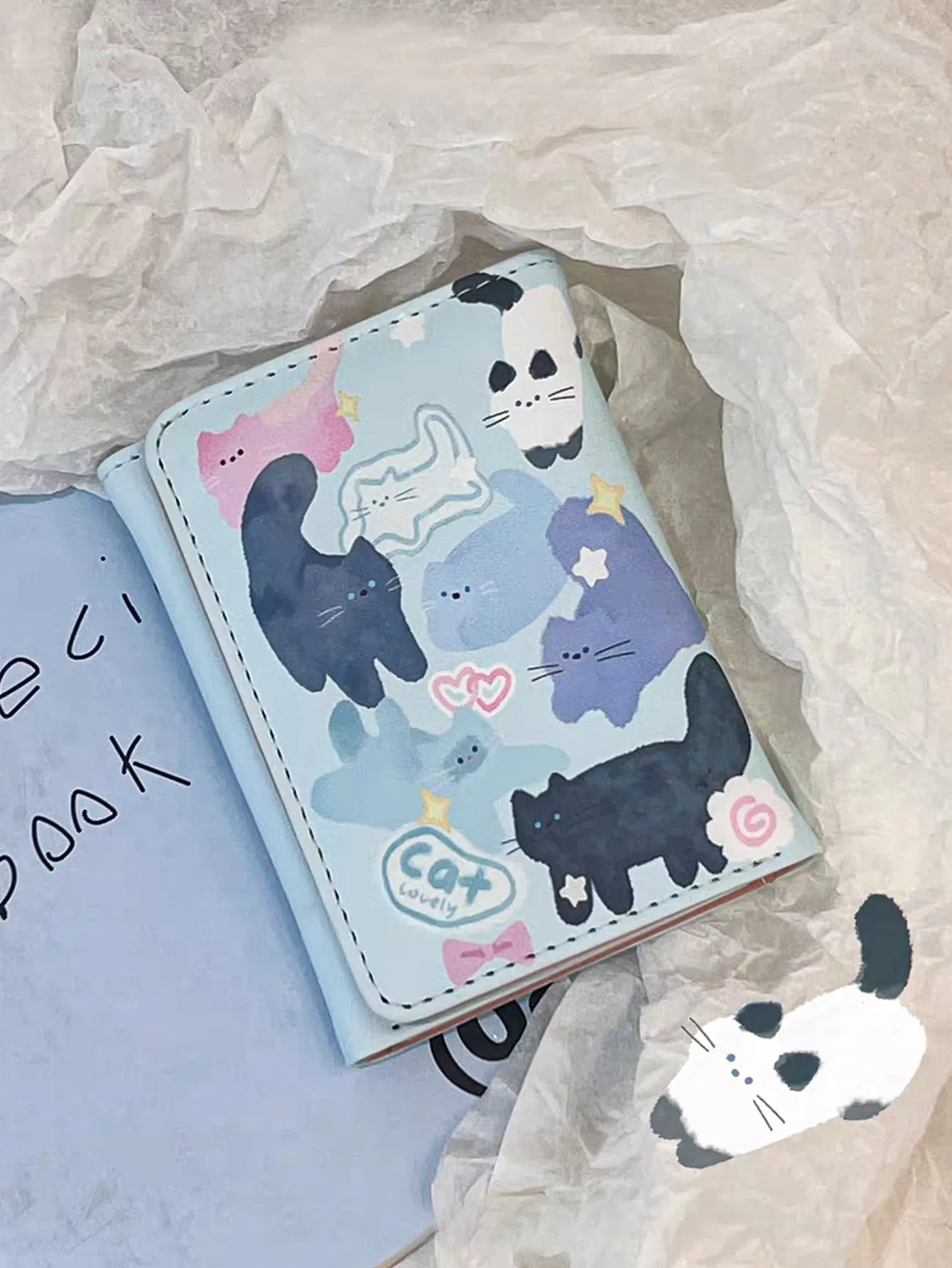 Cute Cartoon Cat Print Trifold Wallet PU Leather Portable Multislot Card Holder For Students Girls Kawaii Blue