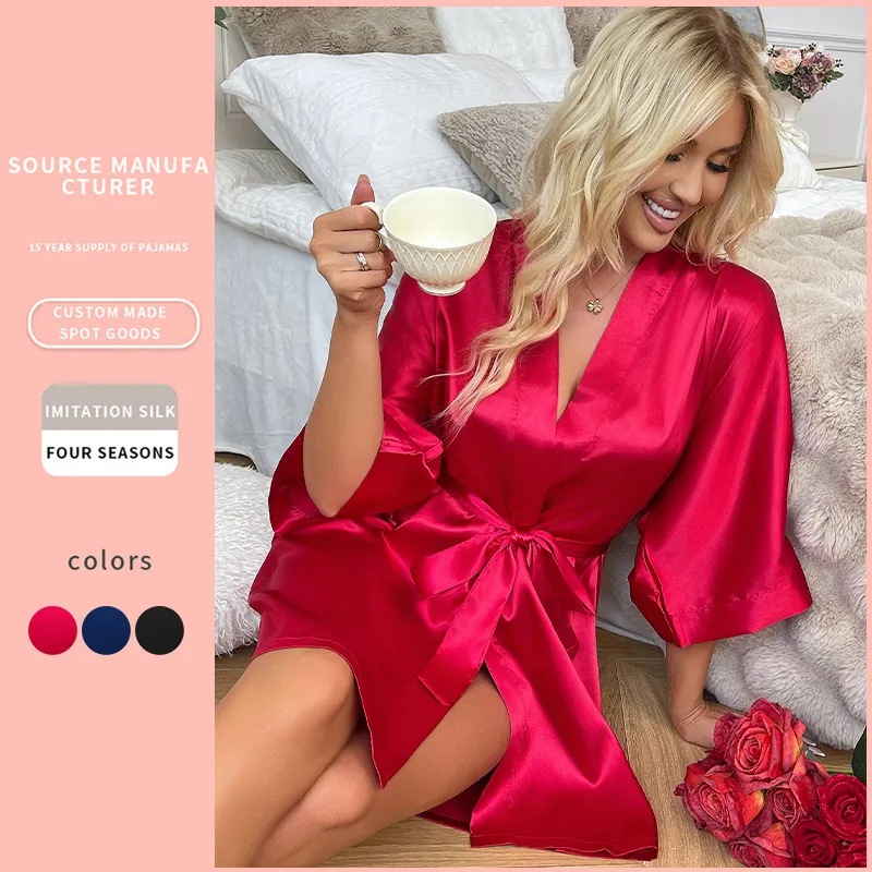 Women Satin Robe Imitation Satin Sleepwear V Neck Mid Length Sleeves Lace Up Belted Loungewear Solid Color Spa Bathrobe