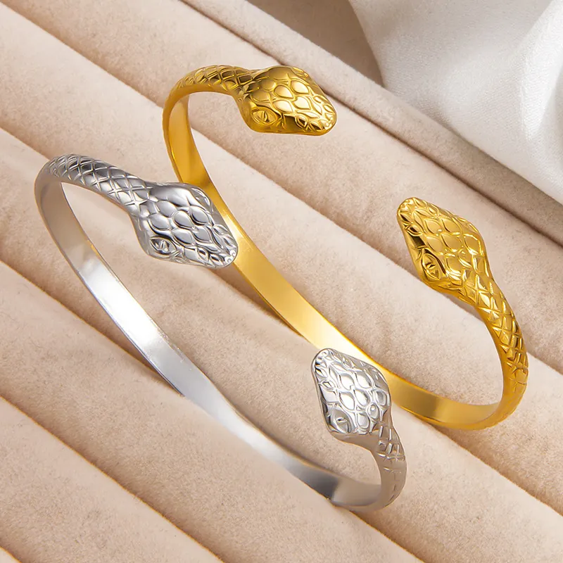 Snake Shaped Open Bangle Stainless Steel 18K Gold Plated Scale Texture Minimalist Adjustable Bracelet For Women
