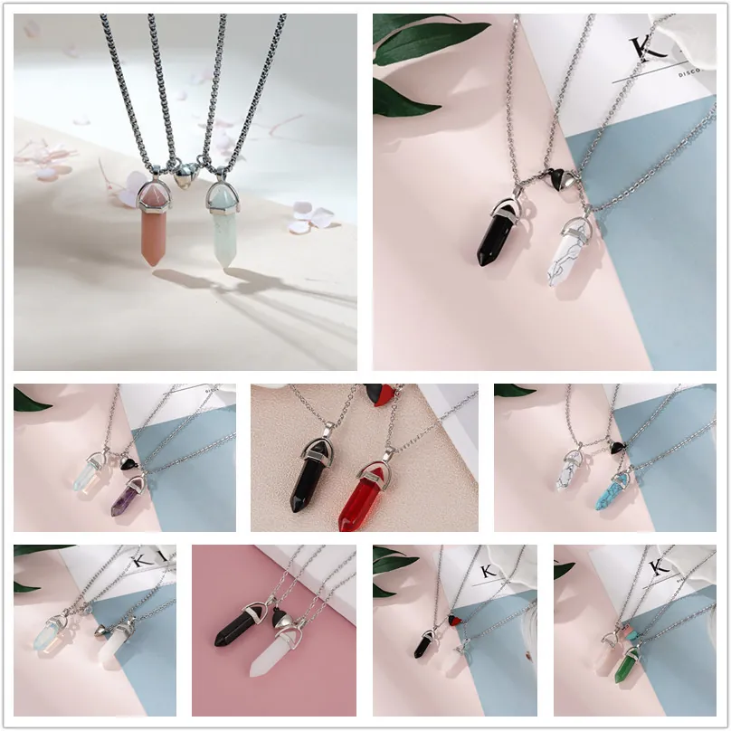 Couple Necklaces Hexagonal Natural Stone Crystal Pillar Magnetic Heart Pendant Stainless Steel Chain Fashion Jewelry