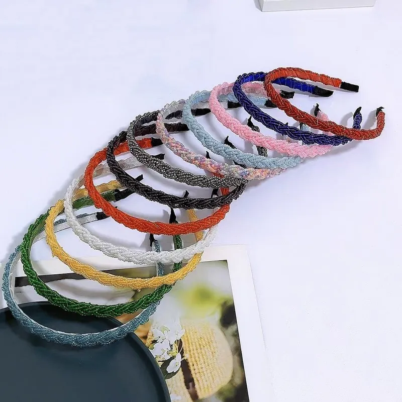 Beaded Braided Headbands For Women Korean Style Twisted Handmade Plastic Artificial Pearl Hair Bands Elegant Wide Fashion Accessories