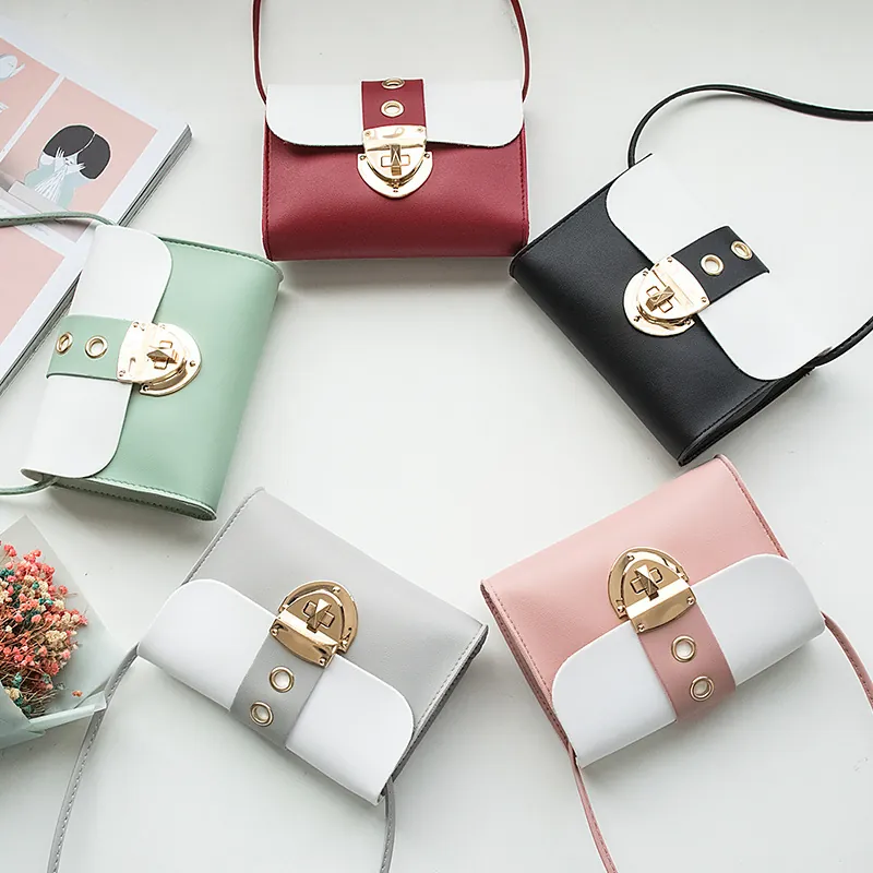 Women Mini Crossbody Bag Colorblock PU Leather Small Square Shoulder Bag With Metal Lock Buckle Fashion Casual