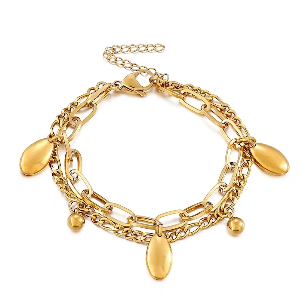 Zweilagiges Kettenarmband Edelstahl Oval Anhänger Metallperlen Verstellbar Trendy Geometrischer Schmuck Für Frauen