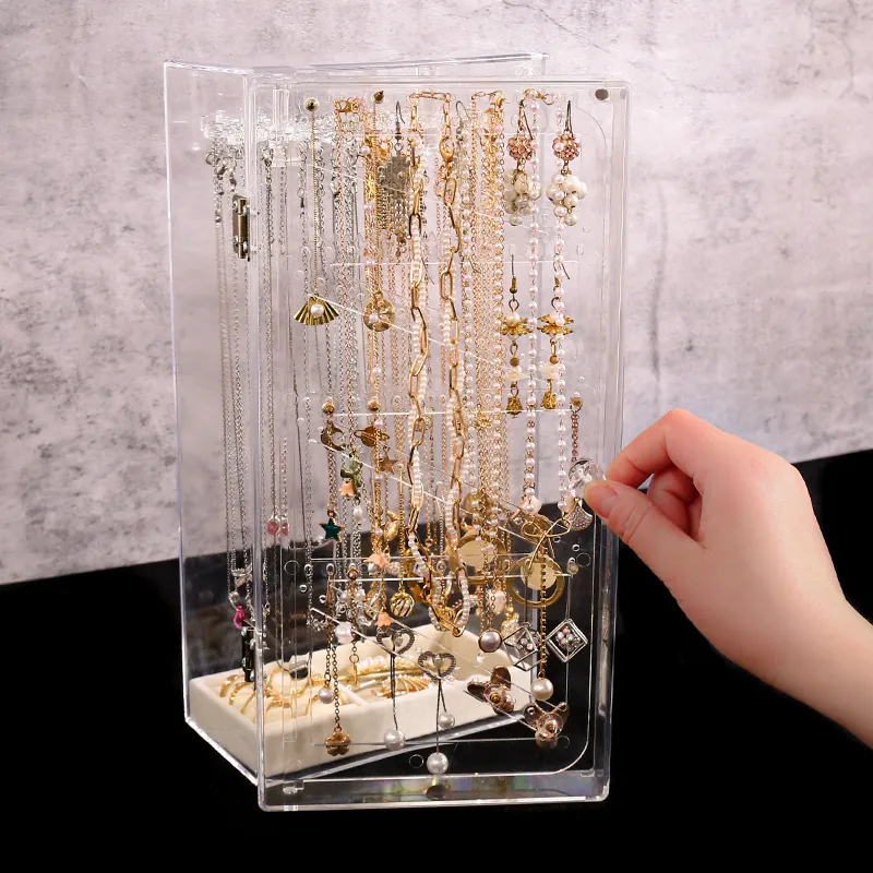 Transparent Acrylic Jewelry Storage Box Dustproof Necklace Display Stand Earring Organizer Case With Velvet Tray