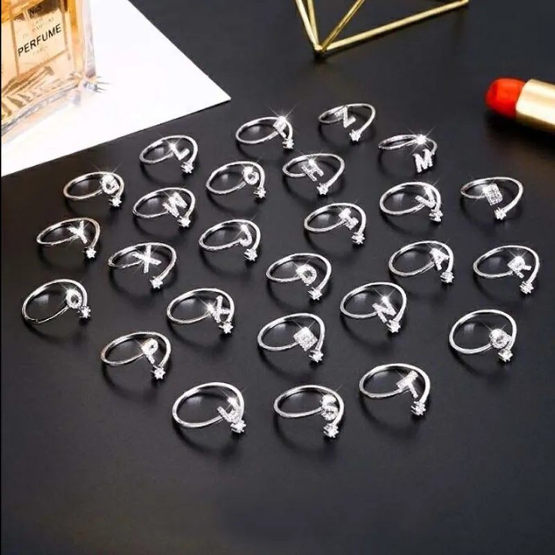 Anfangsbuchstaben Ring S925 Sterlingsilber Zirkon Pavé Verstellbar Offener Fingerschmuck Stern Akzent Elegant Für Damen