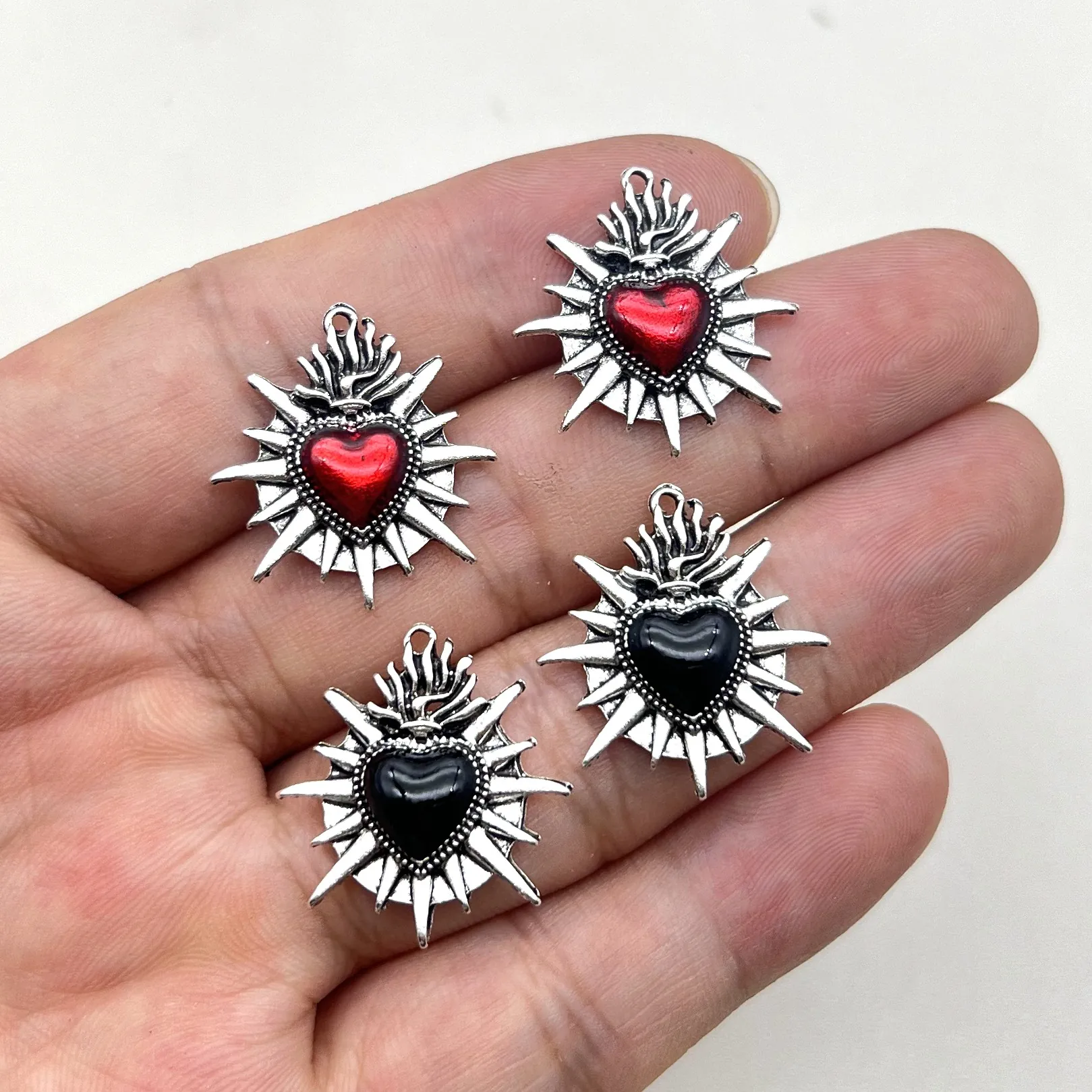 Sacred Heart Charms Flame Sunburst Enamel Zinc Alloy Retro Gothic For DIY Jewelry Making Necklaces Pendants