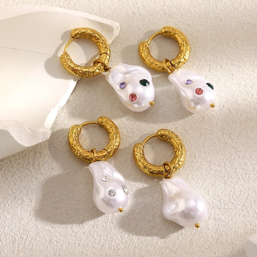 Baroque Imitation Artificial Pearl Hoop Earrings Stainless Steel 18K Gold Plated Retro Geometric Colorful Rhinestone Drop For Women