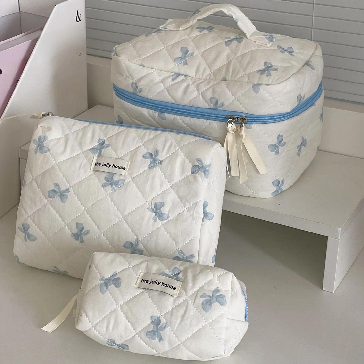 Beauty Case Trapuntato Con Motivo A Fiocco Pochette Trucco Organizzatore Da Viaggio Grande Capacità Portatile Nastro