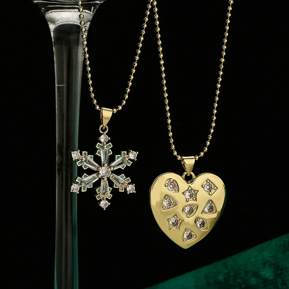 Pendant Necklace Snowflake Heart Gold Plated Copper Cubic Zirconia Enamel Delicate Jewelry For Women