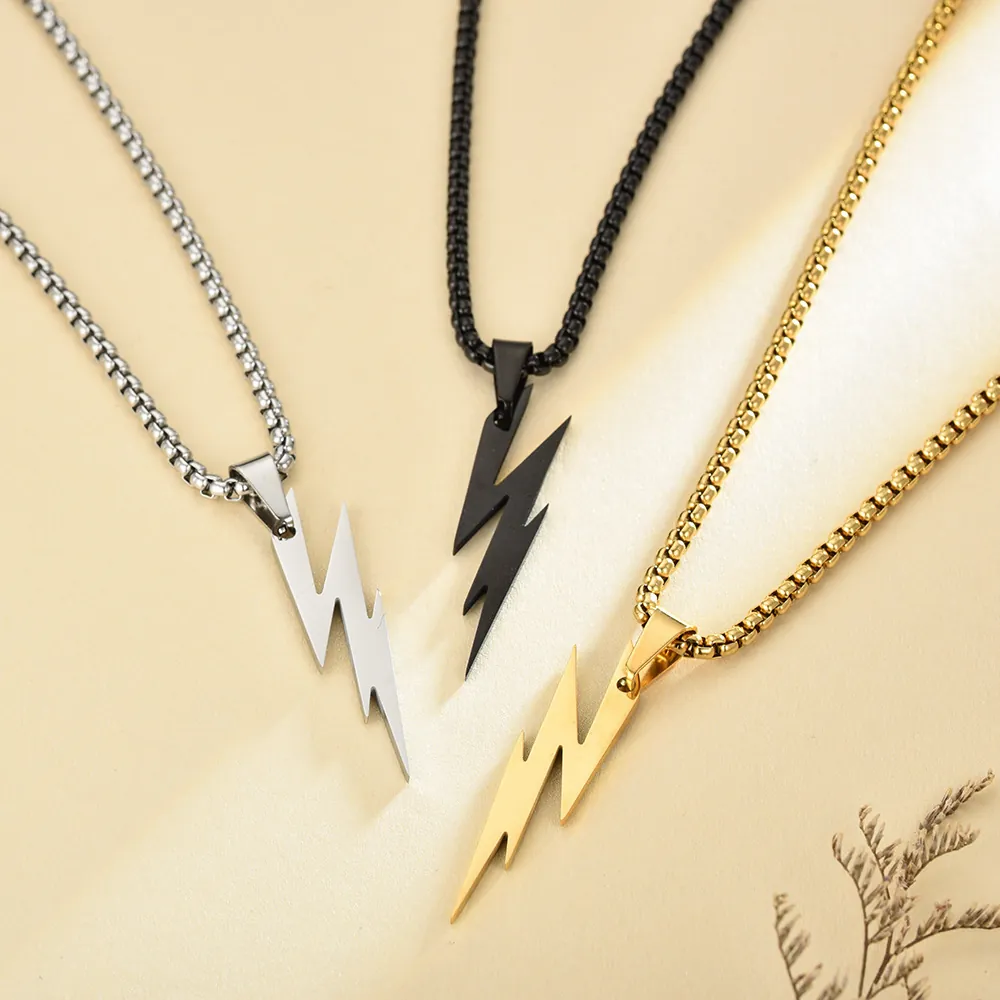 Lightning Bolt Pendant Necklace Stainless Steel Box Chain Hip Hop Punk Rock Style Minimalist Jewelry For Men Women