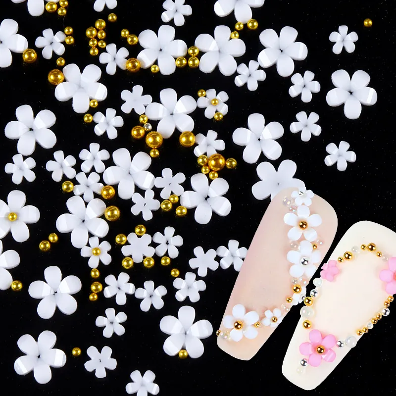 3D Five-Petal Flower Nail Art Decorations Resin Floral Charm With Gold Silver Steel Beads For Manicure DIY