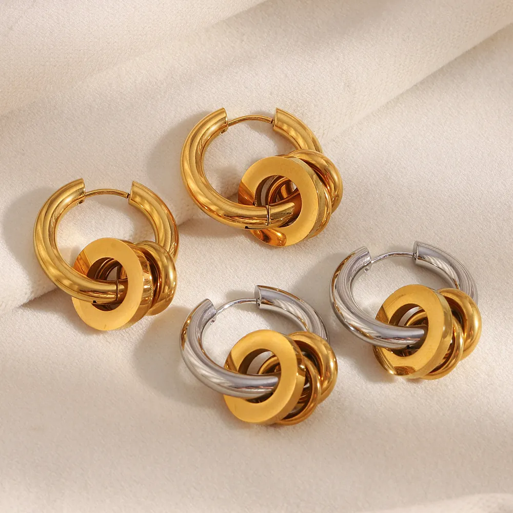 Boucles D'oreilles Créoles À Pendentif Anneaux Entrelacés En Acier Inoxydable Plaqué Or 18K Bijoux Géométriques Femmes