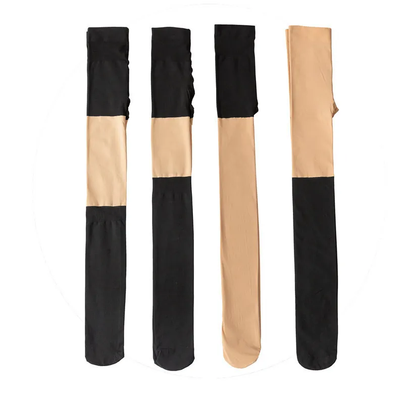 Women Spliced Pantyhose High Waist Tights False Over-The-Knee Footed Stockings Nylon Spandex Realistic Bare Leg Effect