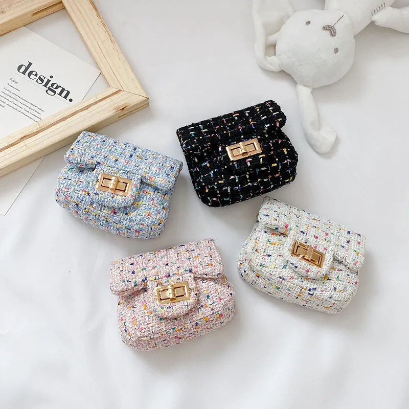 Kids Mini Crossbody Bag Tweed Woven Metal Chain Shoulder Purse Toddler Girls Princess Cute Fashion Turn Lock