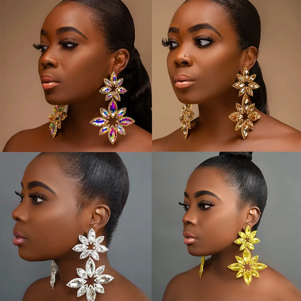 Exaggerated Large Rhinestone Flower Drop Earrings For Women Luxury Marquise Cut Alloy Statement Wedding Party Jewelry Earrings