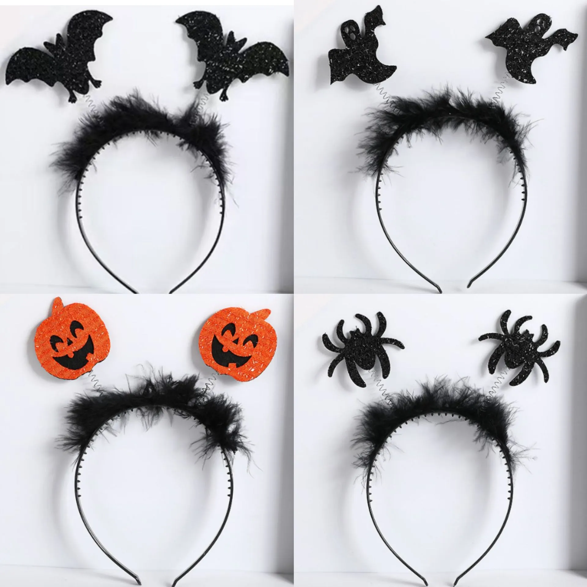 Halloween Headband Glitter Pumpkin Spider Ghost Skull Witch Spring Bopper With Feathers Costume Party Accessories