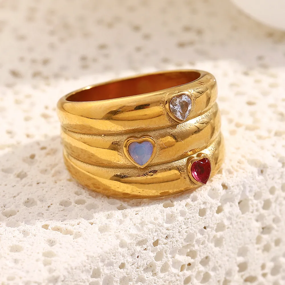 Bague Zircon Coeur À Trois Couches Acier Inoxydable Plaqué Or 18K Large Géométrique Bijoux Pour Femme