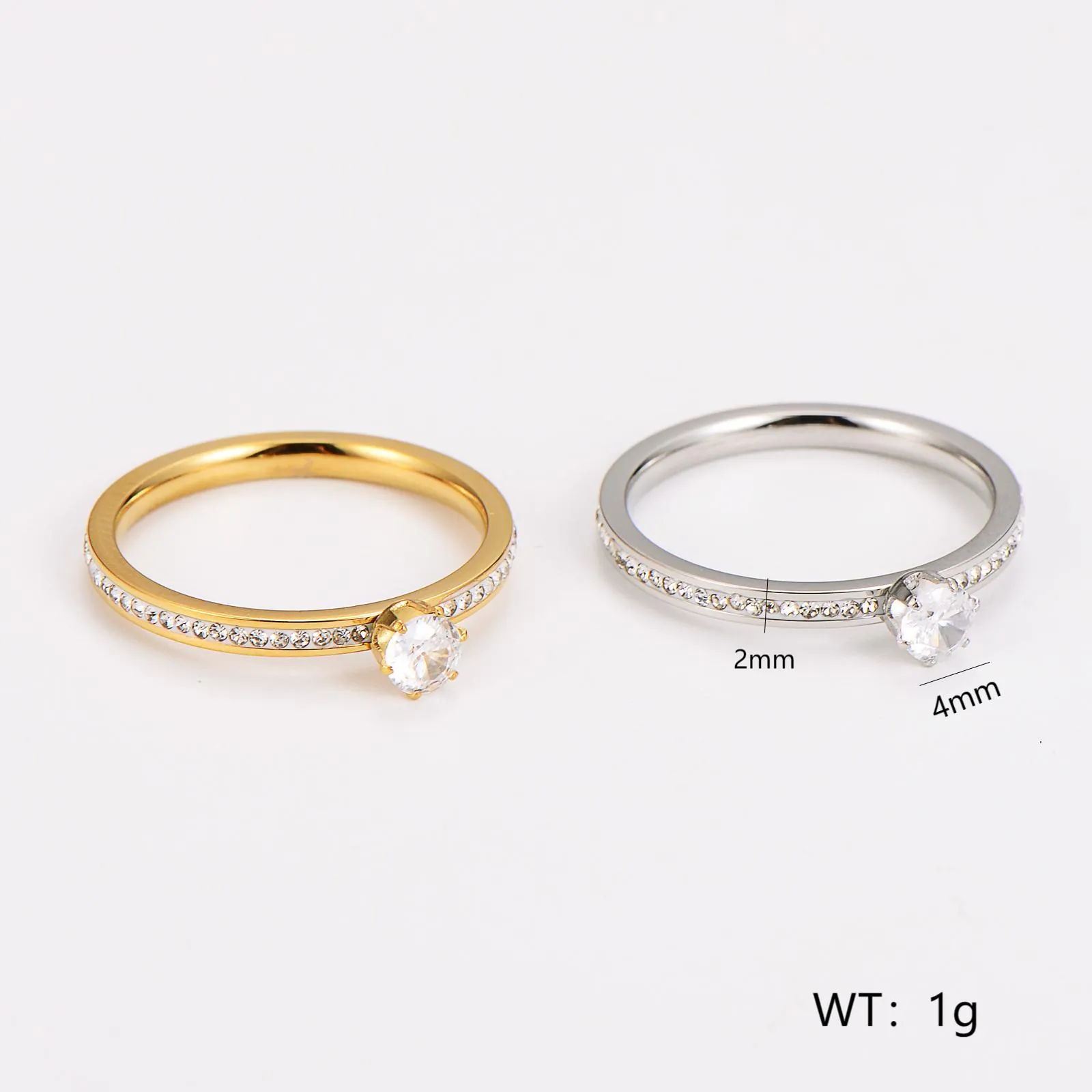 Six-Prong Stainless Steel Ring Round Cubic Zirconia Pavé Band Delicate Minimalist Fashion Jewelry For Women