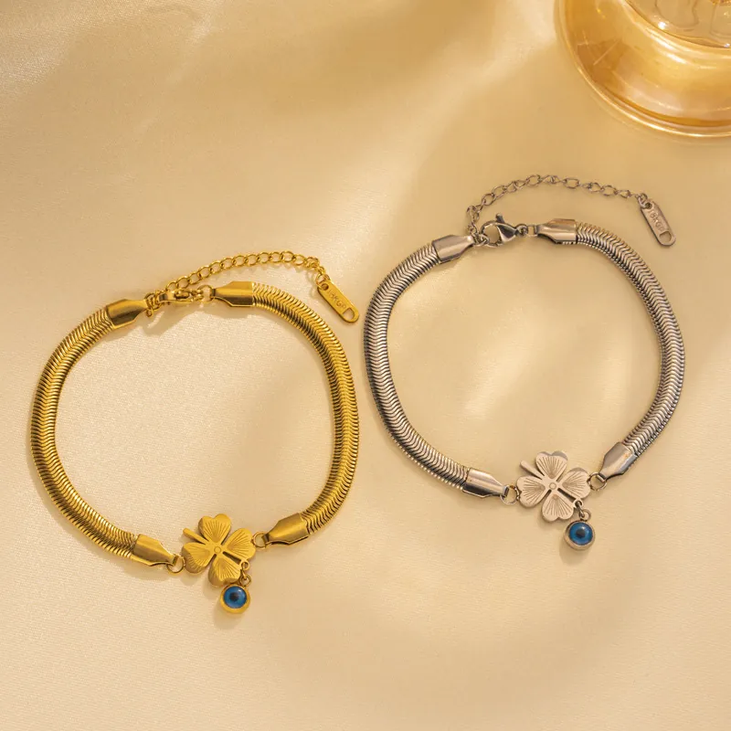 Women Titanium Steel Bracelet With Clover And Blue Evil Eye Pendant 18K Gold Plated Snake Bone Chain Fashion Jewelry
