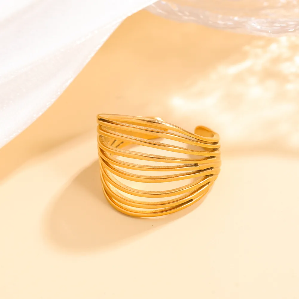 Minimalist Multi Layer Line Winding Open Ring 18K Gold Plated 304 Stainless Steel Hollow Adjustable Geometric For Women