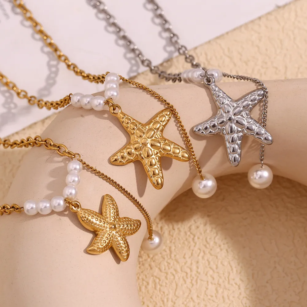 Starfish Artificial Pearl Tassel Pendant Necklace 18K Gold Plated Stainless Steel Ocean Beach Style Summer Jewelry For Women