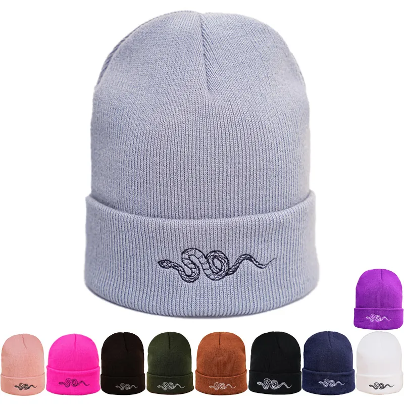 Snake Embroidery Knitted Beanie Acrylic Warm Winter Hat Casual Style For Men Women