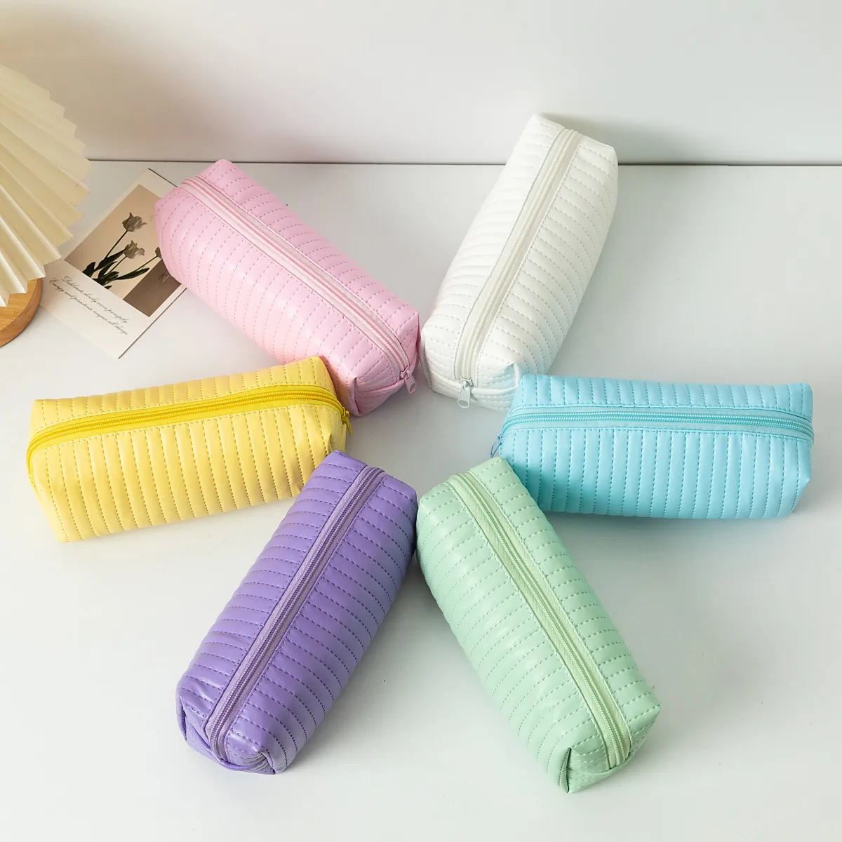 Large Capacity Quilted PU Leather Pencil Case Vertical Stripe Zipper Stationery Pouch Bag For Students Office
