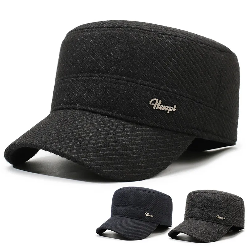 Berretto Cadet Invernale Da Uomo Lana Spessa Calda Protezione Orecchie Cappello Piatto Esterno Regolabile Logo Metallo