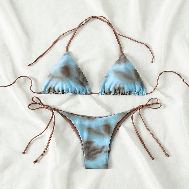 Women Bikini Tie Dye Polyester Spandex Swimsuit Halter Triangle Top Side Tie Bottom Sexy Beachwear Summer Bathing Suit