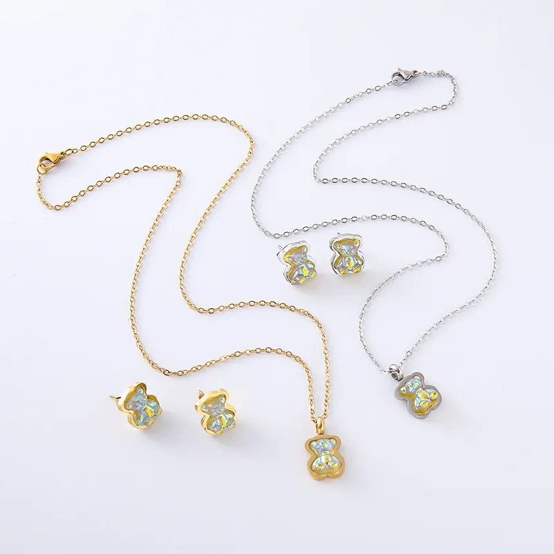 Cute Bear 304 Stainless Steel Iridescent Resin Pendant Necklace And Stud Earrings For Women Fashion Jewelry Accessory