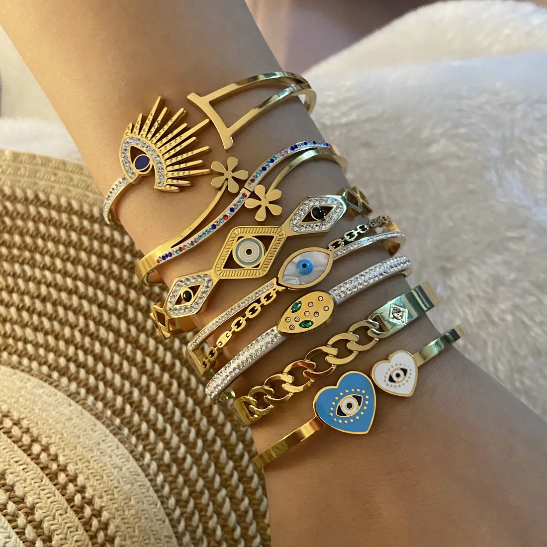 Bracciale Rigido In Acciaio Inossidabile Occhio Del Diavolo Cuore Serpente Placcato Oro Strass Gioielli Bohémien Donna