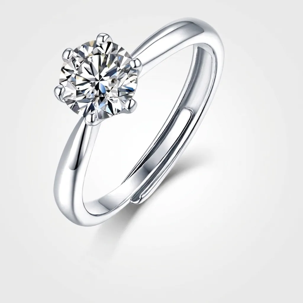 925 Sterling Silver Moissanite Adjustable Ring Classic Six-Prong Solitaire Luxury Engagement Wedding Jewelry For Women