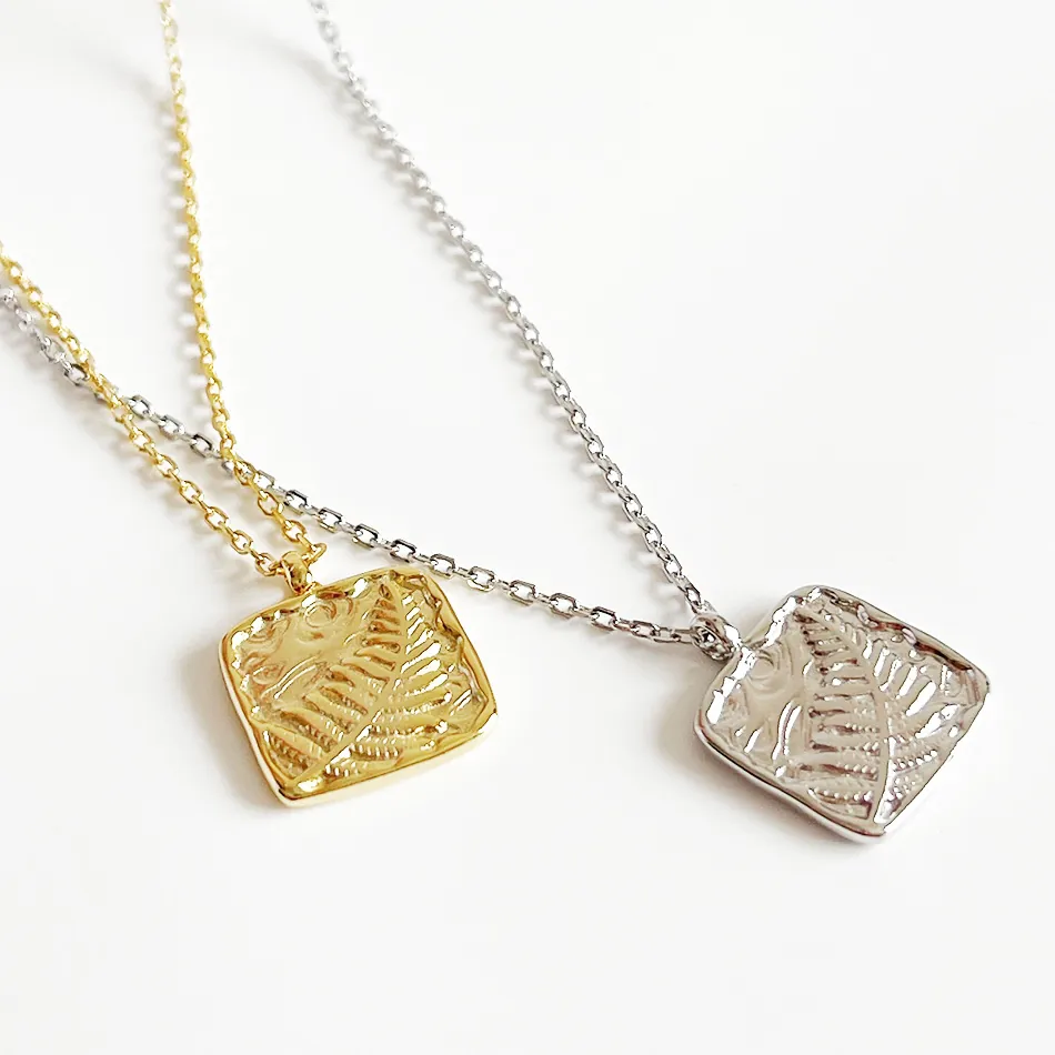925 Sterling Silver Square Pendant Necklace With Fern Leaf Relief Texture Minimalist Pastoral Style Jewelry For Women