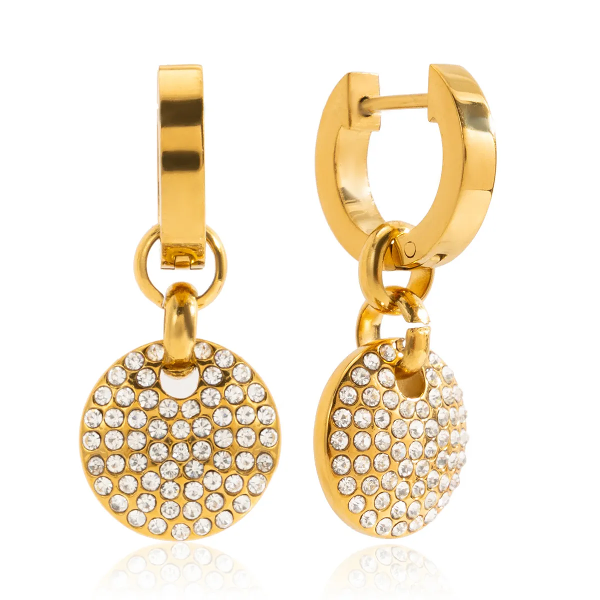 Orecchini a Cerchio con Pendente Rotondo in Acciaio Inossidabile di Lusso per Donna Placcato Oro Pavé Strass Gioielli alla Moda