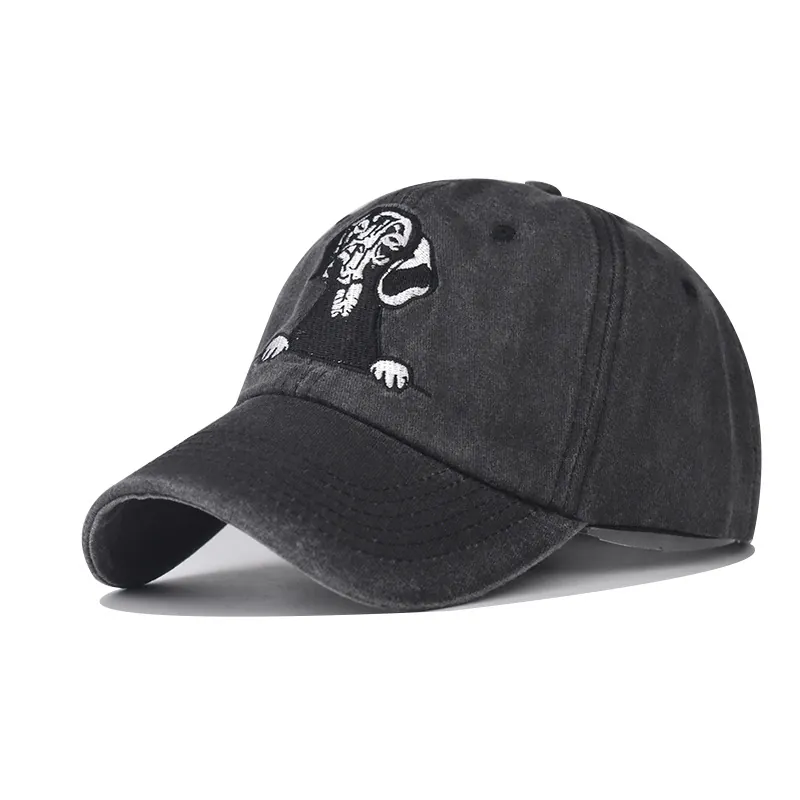 Washed Cotton Baseball Cap Vintage Distressed Dog Cat Face Embroidery Adjustable Breathable Casual Neutral Dad Hat