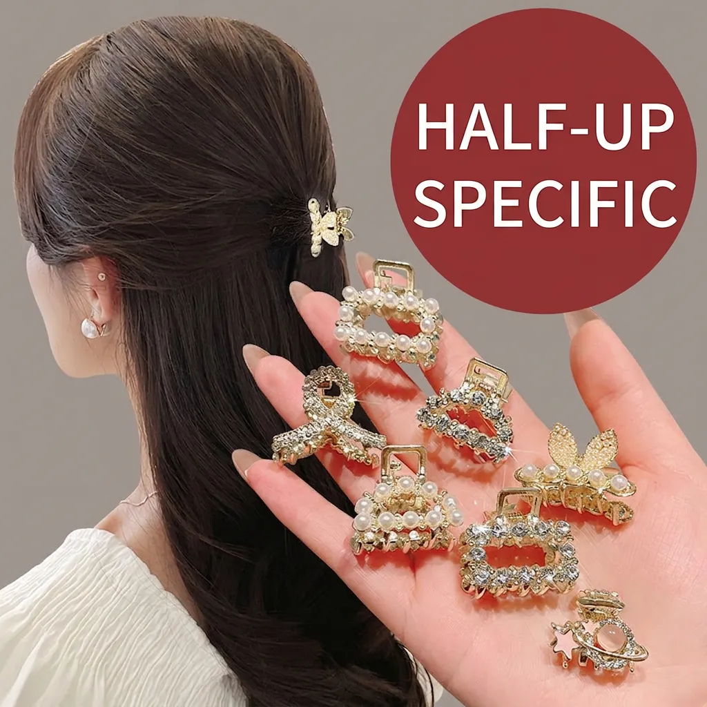 Mini Hair Claw Clips Alloy Rhinestone Faux Artificial Pearl Butterfly Geometric Heart Shapes Elegant Styling For Women Girls